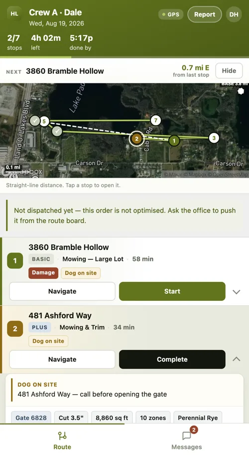 The field app: route map above the stop list.