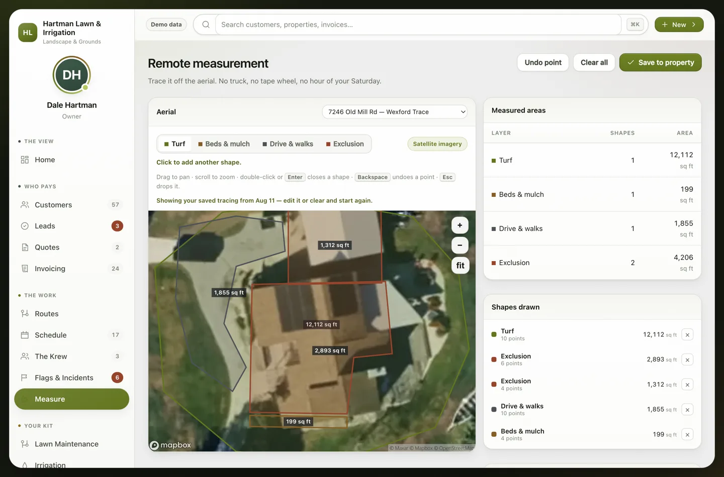 A real property on satellite imagery, traced by layer: turf envelope, house and garage excluded, driveway and beds marked.